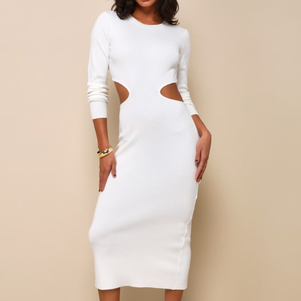Lulus Oasis Bound Ivory Long Sleeve Cutout Sweater Midi Dress White - Size M